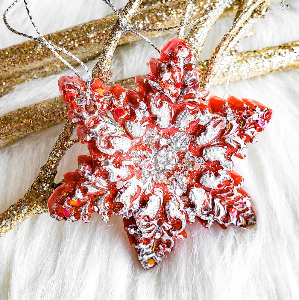 Handmade Christmas Tree Ornaments, Star, Snowflake, Red / Silver - Picture 3 of 11